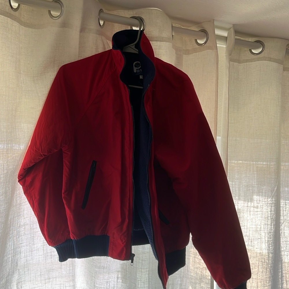 Red jacket. Bomber like- but so warm! Navy inline and detail